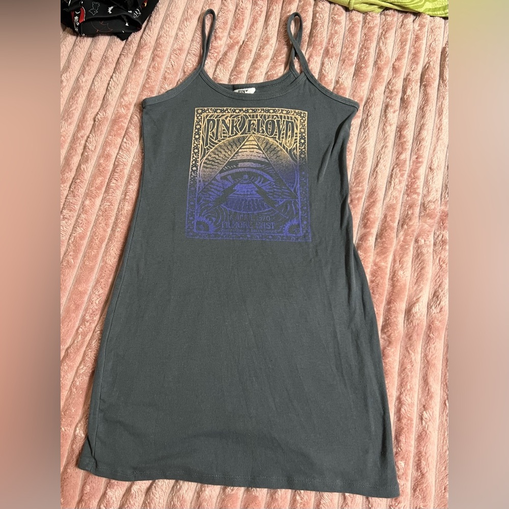 Graphic Gray Tank Dress with Gold and Blue Design